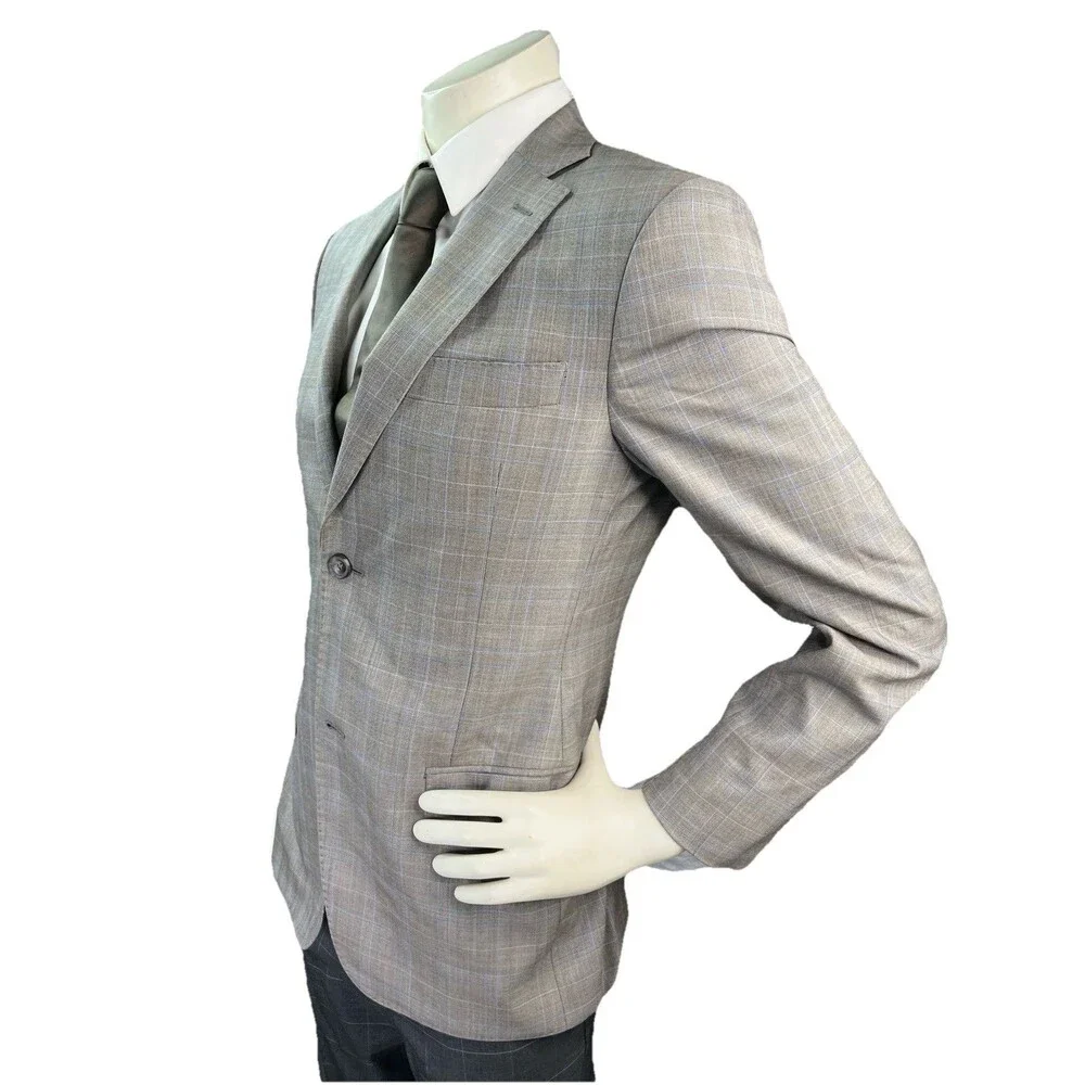 J Hilburn Vitale Barberis Men 36R Blazer European Fit Gray Wool Glen Plaid